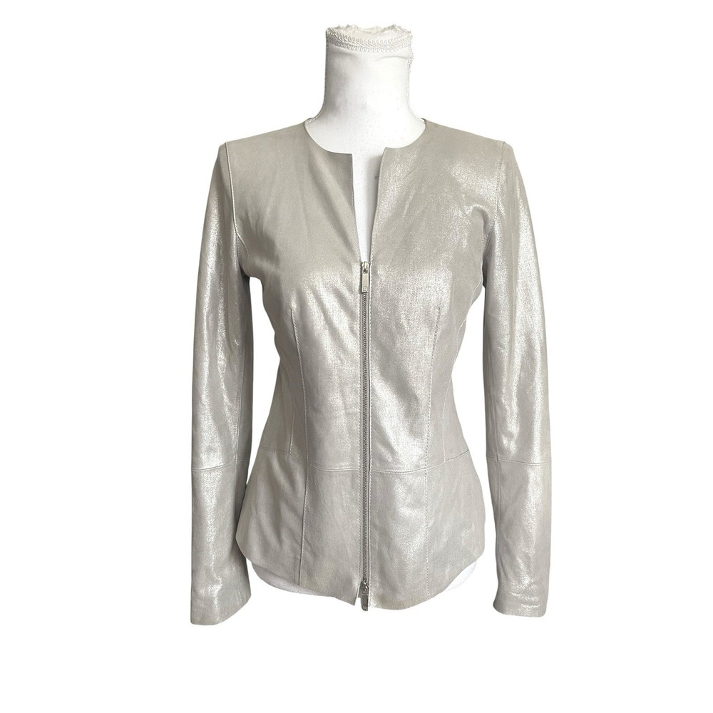 Lafayette 148 Silver Suede Leather Jacket Light Weight Metallic Sz 0 Minimalist